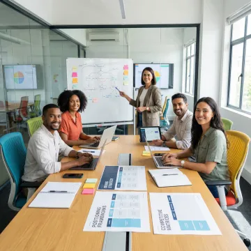 Professional brand strategists collaborating on market positioning frameworks and competitive analysis in modern agency workspace