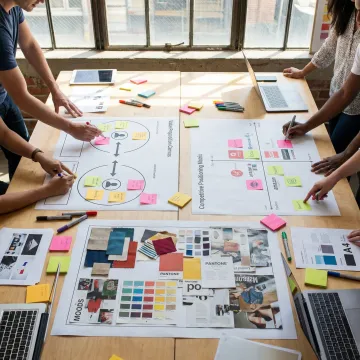 Brand strategy workshop with positioning frameworks and visual identity concepts