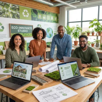 Design team collaborating on sustainable building project with blueprints and digital mockups