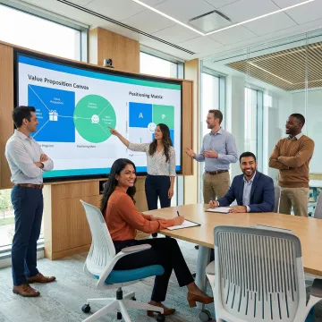 Designer presenting value proposition framework on screen to engaged business team