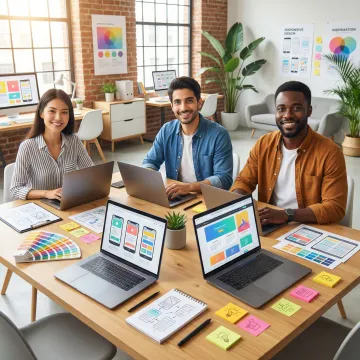 Design team collaborating on website mockups and user interface designs