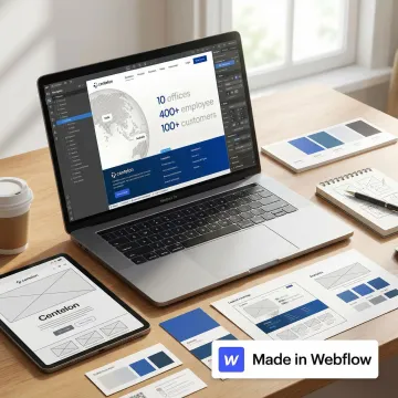 Modern Webflow website development workspace showing design interface and code editor