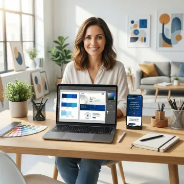 Professional web designer working on laptop creating small business website with design mockups and branding materials