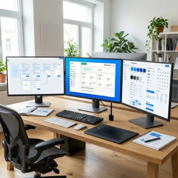 Designer reviewing user interface wireframes and prototypes on large display screens
