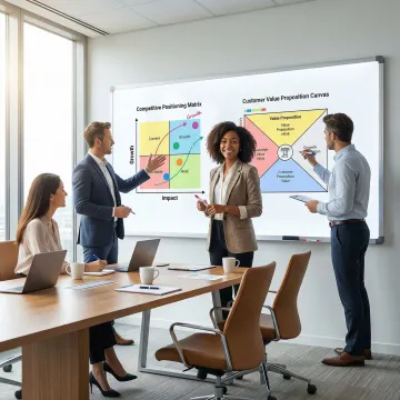 Strategic brand positioning session with consultants collaborating on market differentiation frameworks