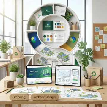 Sustainable design process showing brand strategy documents, green building wireframes, and eco-friendly visual elements