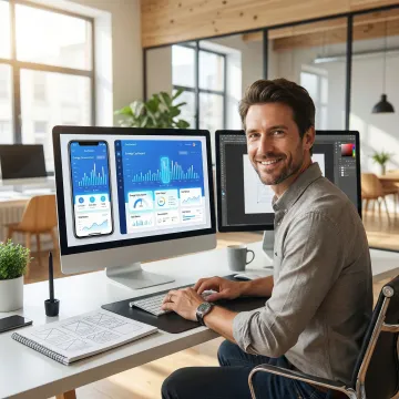 Designer working on interactive prototype with multiple device screens showing climate tech application