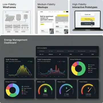 Multiple screens showing interactive prototype progression from wireframe to high-fidelity design