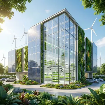 Modern sustainable architecture with integrated solar panels and green technology