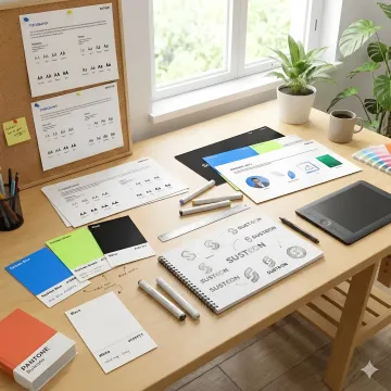 Professional brand design workspace with mood boards, color palettes, and logo sketches