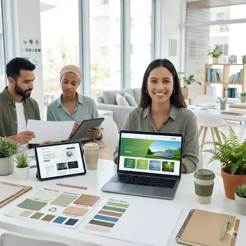 Design team collaborating on climate tech branding and digital solutions