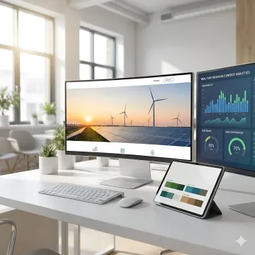 Climate tech website designs and brand materials on digital screens