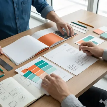 Professional designer reviewing typography samples and brand guidelines on a modern workspace