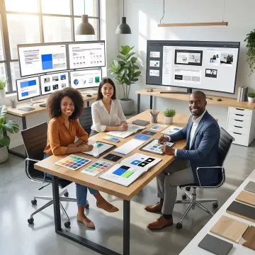 Professional design team collaborating on brand visual identity for digital marketing campaign