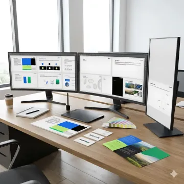 Professional designer reviewing brand style guide and visual identity elements on dual monitors