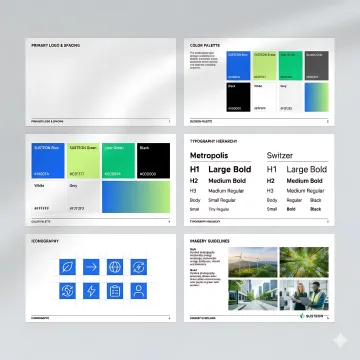 Brand identity system showing logos, color palettes, typography, and design elements arranged systematically