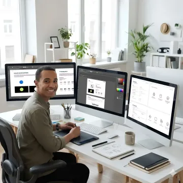 Designer working on brand identity system with color swatches and typography samples