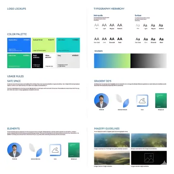 Professional brand guidelines documentation with color palettes, typography samples, and logo variations arranged systematically