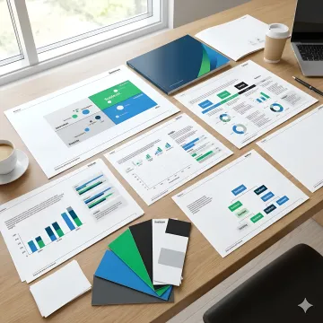 Designer reviewing comprehensive brand guidelines on laptop with color samples and typography specimens nearby