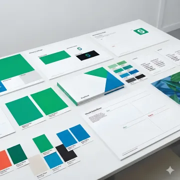 Professional brand identity design mockup showing logo variations, color palette, and typography system for climate tech company
