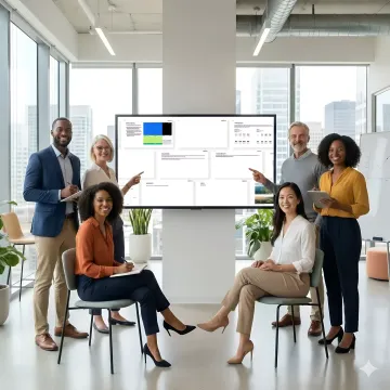 Designer reviewing brand guidelines with team members pointing to style specifications