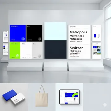 Brand identity elements including logo variations, color palette, and typography samples