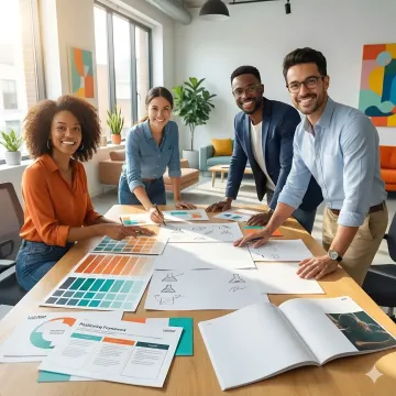 Brand identity design process with color palettes, typography samples, and logo variations spread across a modern design workspace