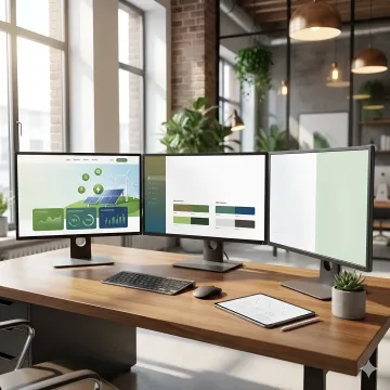 Professional design team collaborating on greentech digital solutions with sustainability-focused interface mockups