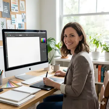 Designer creating startup logo concepts on digital tablet with color swatches