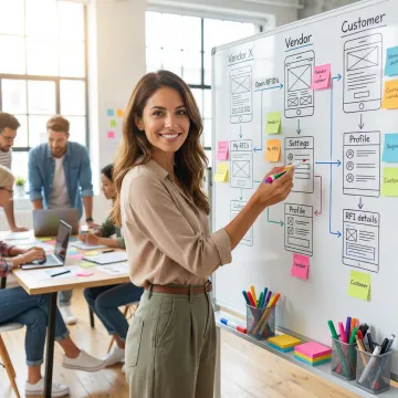 Designer sketching user flows and wireframes on whiteboard with sticky notes showing user journey touchpoints