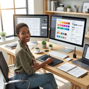Professional web designer working on UI/UX wireframes and design systems on multiple screens