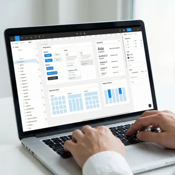 Designer reviewing UI component library and design system documentation on laptop
