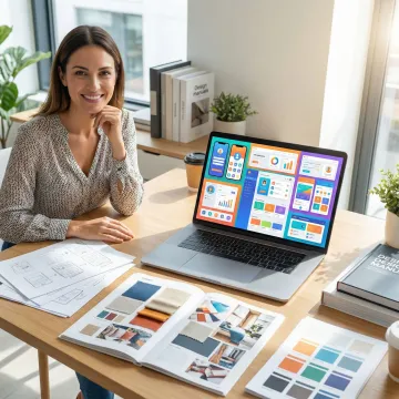 Designer working on multiple interface mockups and user flow diagrams