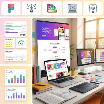 Creative UX/UI design workspace showing wireframes, interface mockups, and design tools