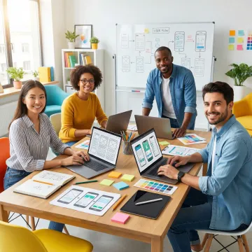 UI/UX designers collaborating on digital interface designs in modern Bangalore office