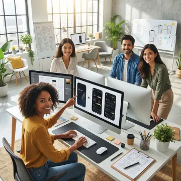 Professional UI/UX designers collaborating on digital product interface wireframes and prototypes on computer screens