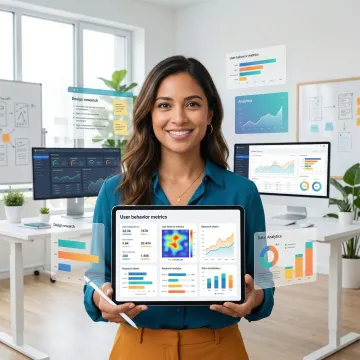 Designer reviewing user research data and analytics dashboards while sketching interface improvements