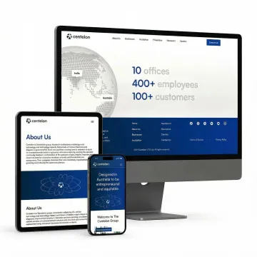 Side-by-side comparison of a responsive website displaying perfectly on smartphone, tablet, and desktop with consistent branding