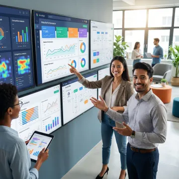 Design team conducting comprehensive website audit with analytics dashboards and strategy documents