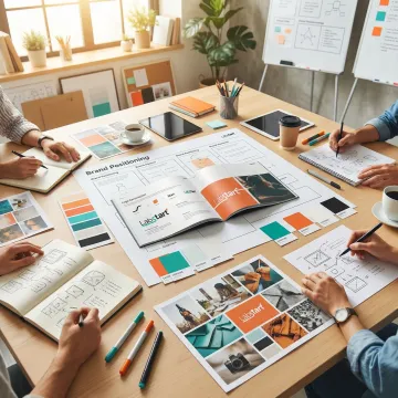 Professional brand transformation process with design elements and strategy documents