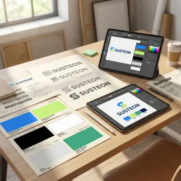 Designer working on logo concepts with brand strategy documents and color palette swatches