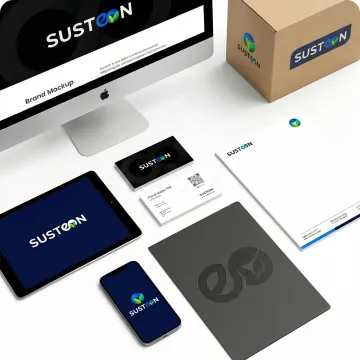 Professional logo design mockups showcasing brand identity system on various applications