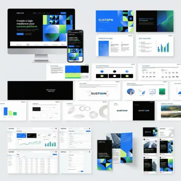 Corporate design deliverables including brand guidelines, website interfaces, and product prototypes