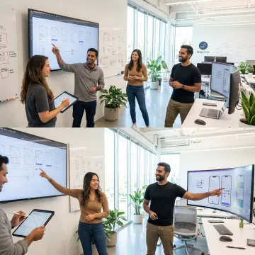 UX design consultant presenting wireframes and user flows on digital whiteboard to Bay Area tech team