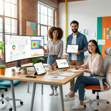 UX researchers analyzing AI-generated user behavior data on multiple screens