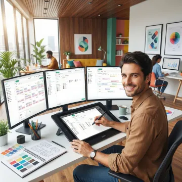 Modern UI/UX design workspace with multiple screens showing interface designs and user flows