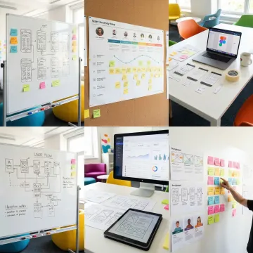 UI/UX design process showing wireframes, user flows, and high-fidelity mockups on digital workspace