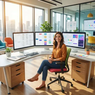 UI/UX design consultant reviewing wireframes and user journey maps on digital screens