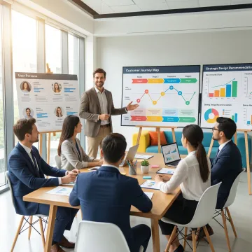 Design consultant presenting user research findings and design strategy to stakeholders