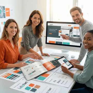 Professional design team conducting a comprehensive visual brand audit with strategy documents and brand guidelines